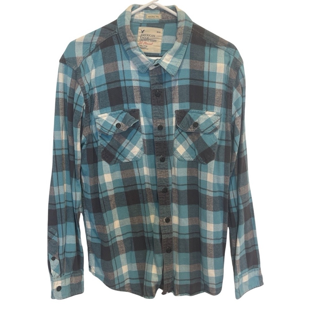 AMERICAN EAGLE || AE Plaid Flannel Shirt | Light Blue Grey White || size XXL